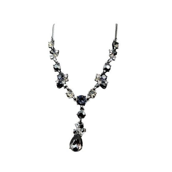 Givenchy Elegant Black & Clear Rhinestone Teardrop Statement Necklace 20" VTG - Picture 3 of 16